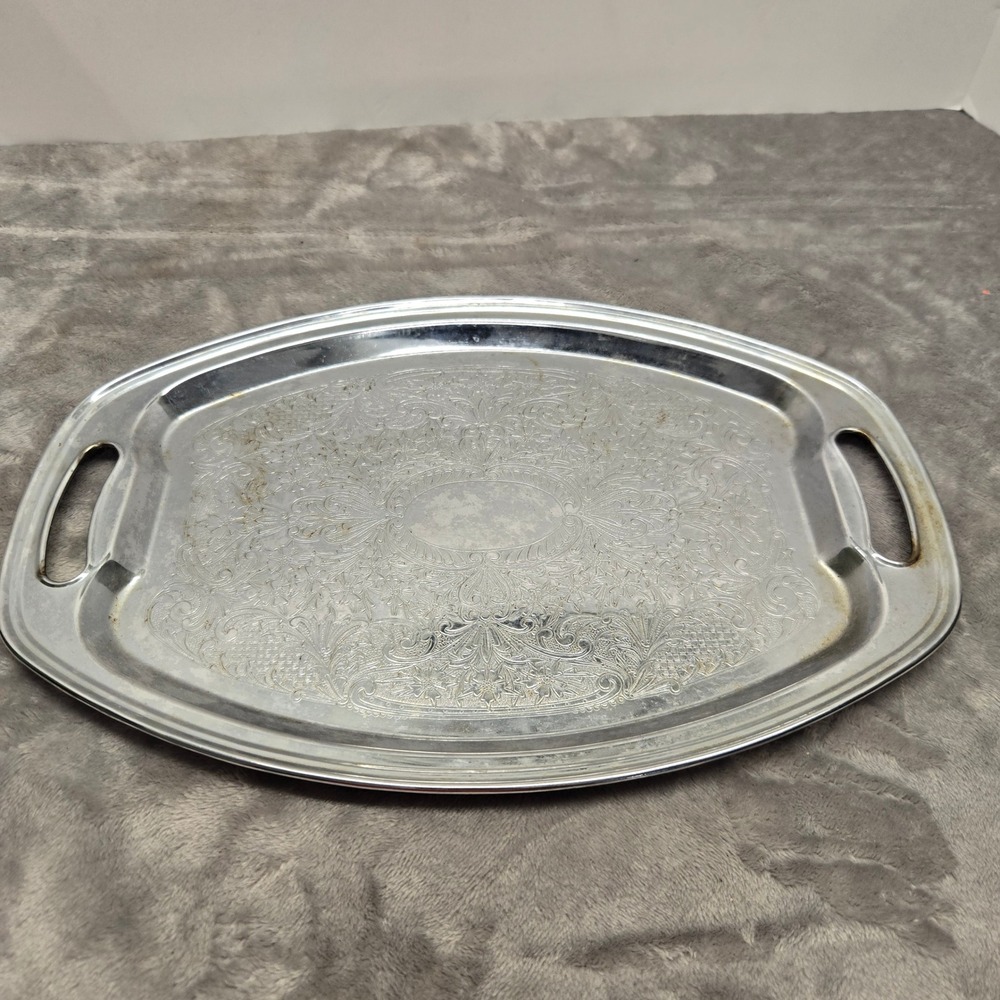Vintage Irvinware Silver Tone Etched Floral Oval Serving Tray Handles‎ USA 9.5"